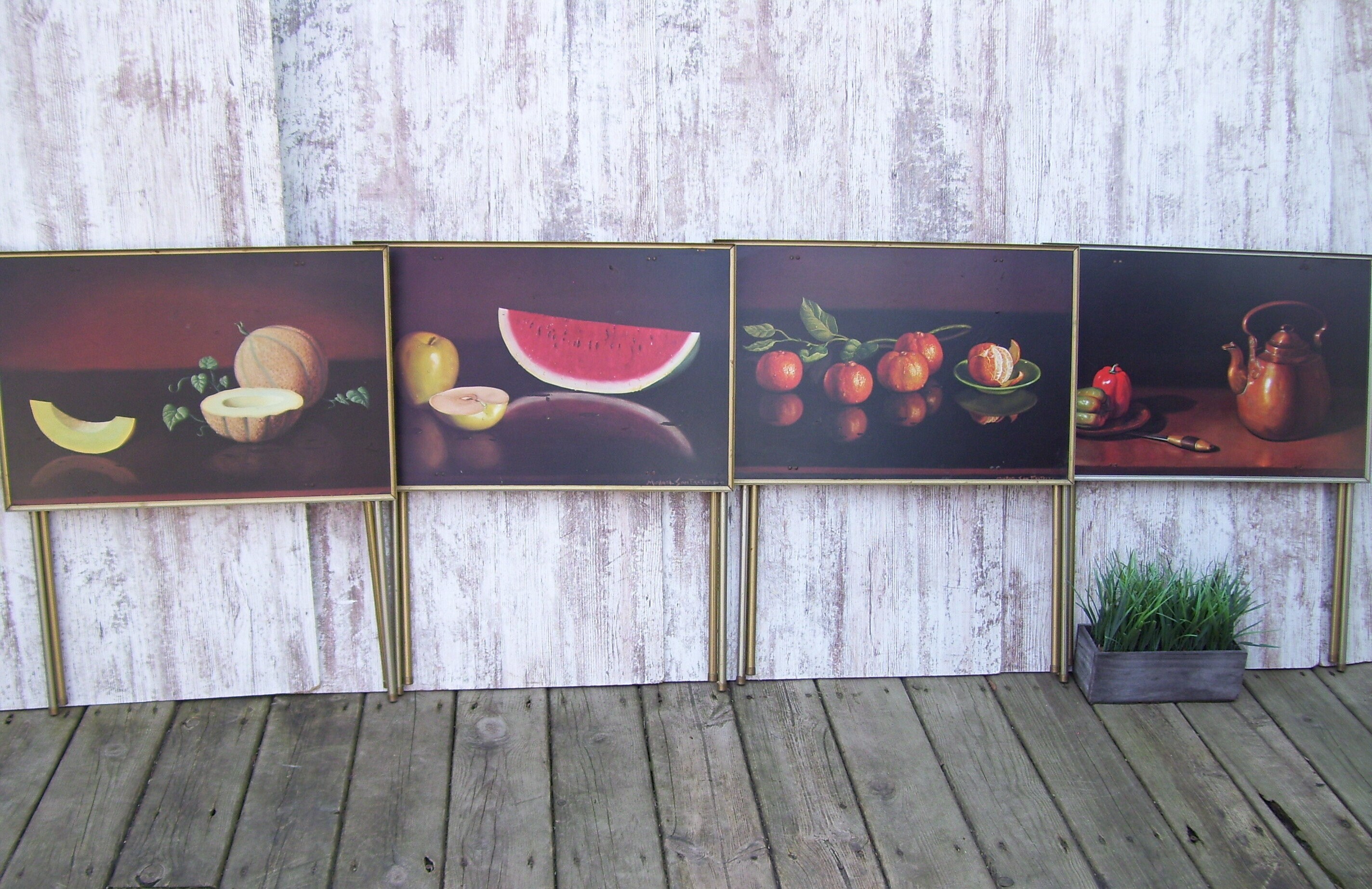 4 Artist Michael San Fratello TV Trays Litho Artist Signed Mid Century  Modern Still Live Fruit Melons 