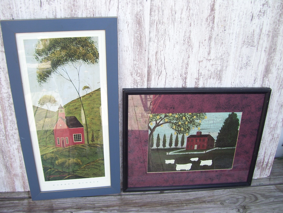 Warren Kimbleフォークアートハウスin Hillsプリミティブランド Vintage Warren Kimble Primitive Folk Art 