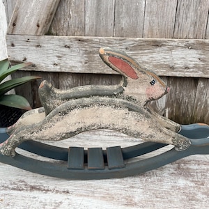 Wood Rabbit Folk Art Rocking Animal 22" Painted Easter Bunny Country Decor