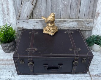 Vintage Suitcase Faux Leather Trunk Storage Fabric Lined Luggage Style