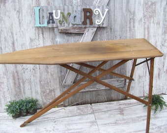 Vintage Wood Ironing Board Wooden Folding Table Primitive Farmhouse Laundry Room Regular Sized