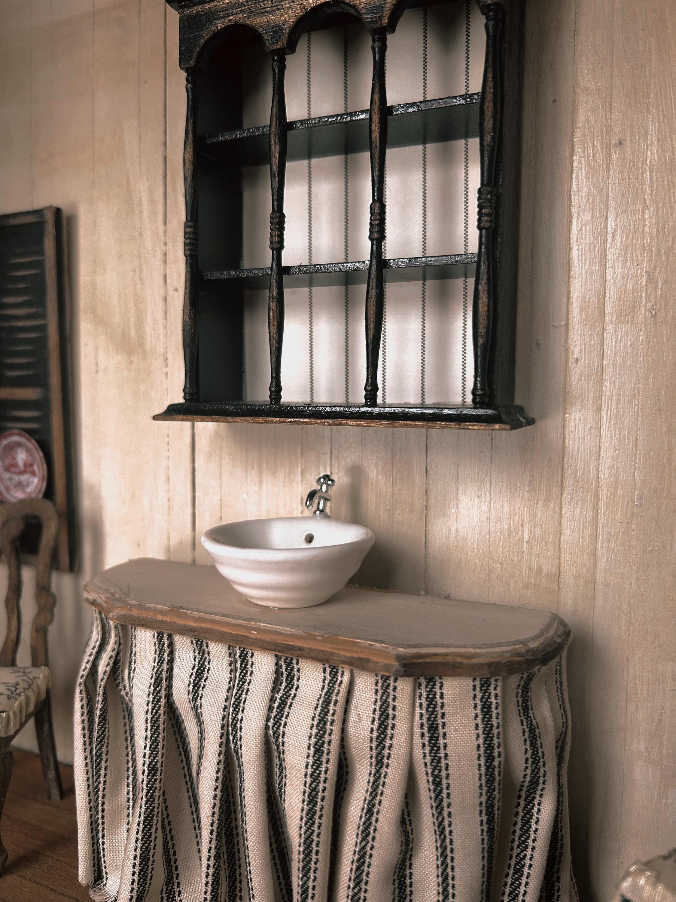 1:12 Scale French Country Cottage Vessel Kitchen Sink With  Skirted Wood Base