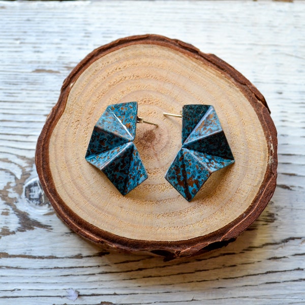 Geometric Stud Earrings - Patinated Copper Earrings - Origami Earrings - Statement Earrings - Origami Jewellery