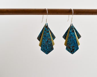 Art Deco Drop Earrings - Art Deco Fan Earrings - Copper and Brass Earrings - Blue and Gold Earrings - Unique Earrings