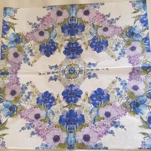 4 x Decoupage Paper Napkins, #5108, purple blue Flowers, Collectable craft supplies, floral tissue paper background, romantic garden buket.