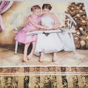 Decoupage napkins × 2 &quot;Reading Girls&quot; -3 ply/Collection/Christmas tree/sisters/friends/book/vintage napkins/craft supplies/collectable.