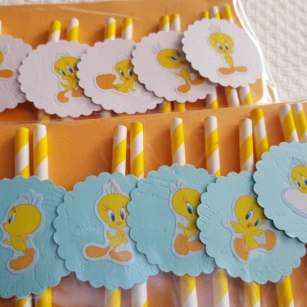 10 Yellow Tweety Party Straws, Bird theme,girl boy Birthday, baby shower decoration,candy table decor,theme kids yellow straws,cake bunting