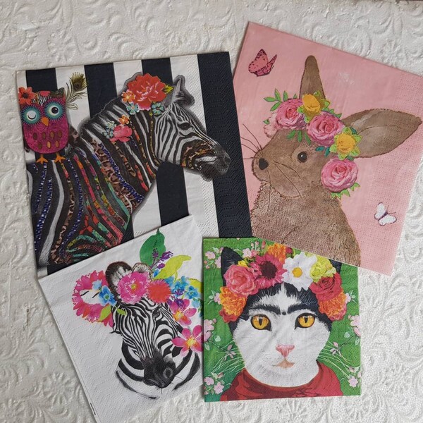 Set Mix Animals Frida Kahlo Style  Napkins/ 4x Decoupage Paper/ party supplies/ scrapbooki/ Boho Art Cat / card making/ serviette collection