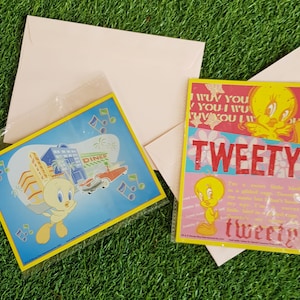 Tweety bird Greetings cards, yellow pink baby shower tweety, cartoon bird invitation,cute happy birthday girl, town tweety characters cards.