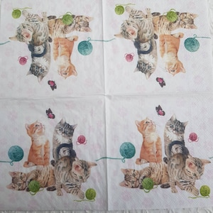 4× Decoupage Paper napkins Playing Cats, baby cat, party supplies, kitty craft, table decor, cats lovers, cute kittens paper, cats tissues.