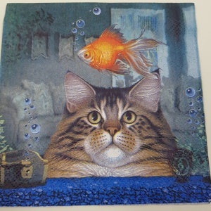 4x Cocktail Paper napkins Cat Fish Aquarioum, #576, Decoupage napkins, art  craft serviette, gold fish scrapbooking, cat lovers napkins.