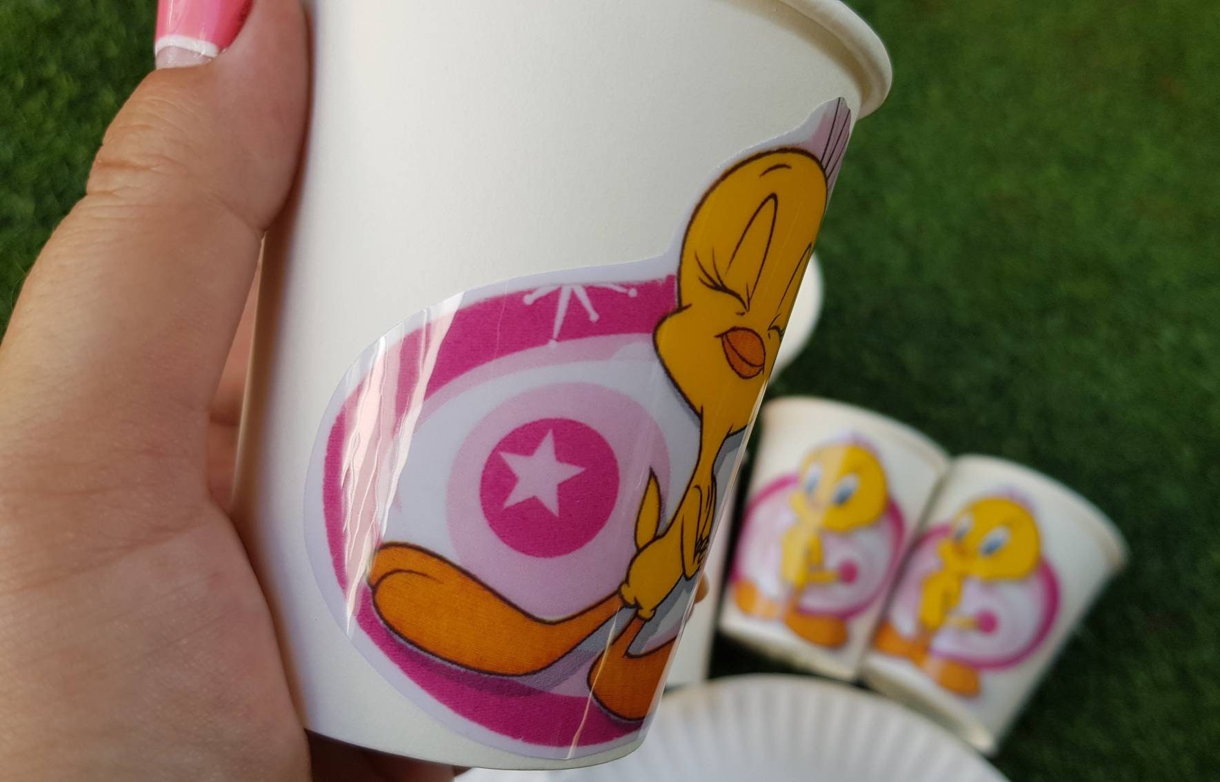 girl themed party baby yellow bird. party baby shower birthday tableware 240 ml 10\u00d7 Paper Handmade Small Cups table decor Pink Tweety