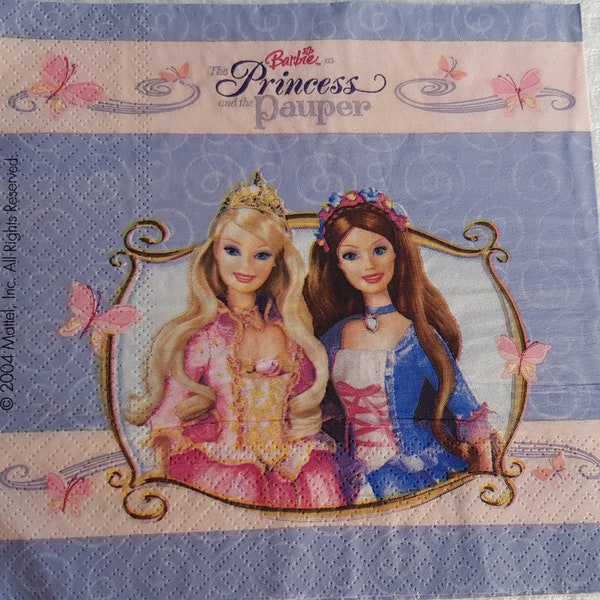 Barbie Princess and the Pauper, Set of 4 Paper Decoupage napkins, #3352, girls violet frame tissue, party supplies, friends dolls,kids paper