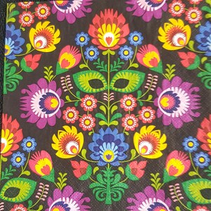 4 x Set Decoupage Paper Napkins, #5097, colorful folk art tissue, mexican style decor, boxo design paper, frida color papers, black napkins.