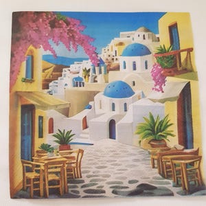 4× Paper napkins Greek town, travelling Santorini, decoupage napkins, party supplies, craft table decor, houses trees tissue ornament paper.
