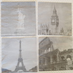 Set of 4 different mix Paper Napkins, decoupage soft thin tissue, history party supplies, travelling Paris Rome, art craft, mix media grey.