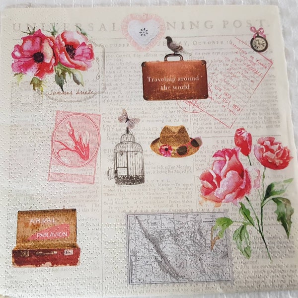 4× Paper napkins, Vintage old style cage, #2227, Decoupage tissue, traveling epxemera, air mail paper, scrapbooking art, craft images roses.