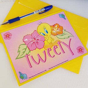 Tweety Tropical Flower Greetings card, yellow pink envelope, baby shower Tweety, cartoon bird invitation, cute happy birthday girl.