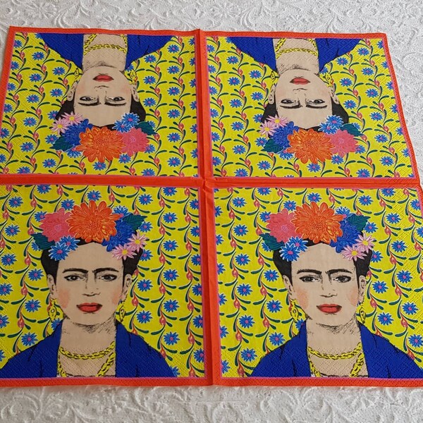 4 Yellow Frida Kahlo Napkins/Decoupage Paper/ mexican party supplies/ Woman craft/ Boho Artist lady art birthday/ serviette collection.