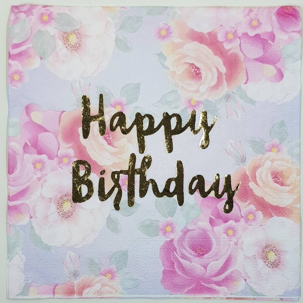 4x Decoupage Paper Napkins Chabby Chic Roses, #5022, Happy Birthday Gold Embossed serviette, pastel colours tissues, floral craft supplies .