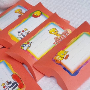 8 × Pillow Boxes Tweety,cartoon characters, packaging jewelry, favors birthday, cat themed party, paper gift boxes, wrating bird stickers.