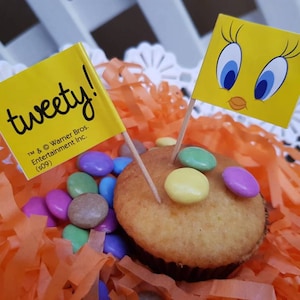 10× Tweety Yellow cupcake toppers, sweet flags double sided, food picks, bird party, birthday decor candy table, first birthday, baby shower