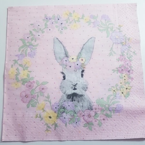 4× Decoupage Floral Wreath Bunny Paper Napkins #5074, Spring tissue, cute polka dots pink ornament, kids scrapbooking, hobby paper tissues.