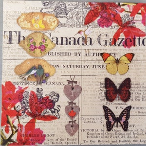 4 × Paper napkins ''The Canada Gazzete'' #2225 - decoupage napkins/party supplies/vintage/birds/words/butterfly/art and craft/mix media.