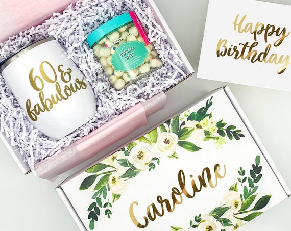 60 and Fabulous Birthday Gift For Women, 60th Birthday Present, Personalized Floral Gift Box, 60th drinkware, Thinking of You Birthday Box