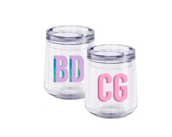 Acrylic Wine Tumbler: Double Shadow Monogram - Personalized - Bridesmaid - Bachelorette - Girls Trip - Pool Party