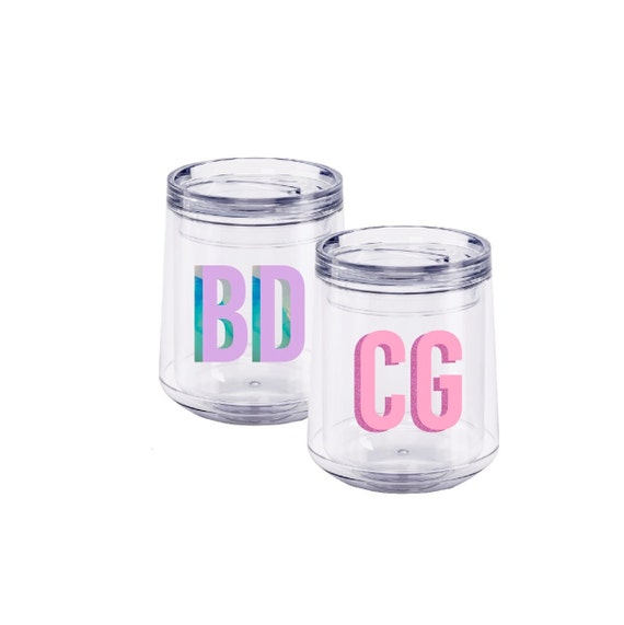 Acrylic Wine Tumbler: Double Shadow Monogram - Personalized - Bridesmaid - Bachelorette - Girls Trip - Pool Party