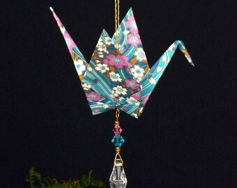 Origami Crane Suncatcher - large - turquoise Japanese paper, peace crane, 1st yr anniversary, varnished, gold string Swarovski crystals