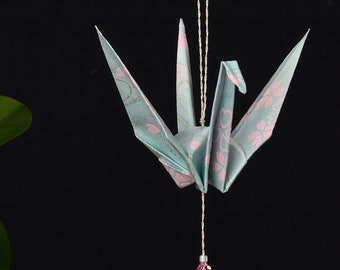 Origami Crane Hanging Ornament - pale aqua Japanese paper, peace crane, baby shower gift, varnished, silver string with Swarovski crystals