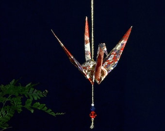 Origami Crane Hanging Ornament - red & cream Japanese paper, peace crane, 1st yr anniversary, varnished, gold string, Swarovski crystals