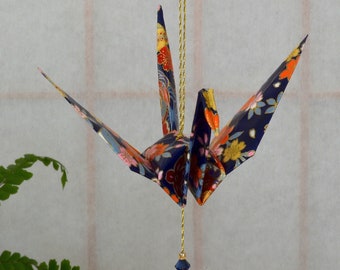 Origami Crane Hanging Ornament - navy blue Japanese paper, 1st yr anniversary Mother's Day birthday varnished gold string Swarovski crystals