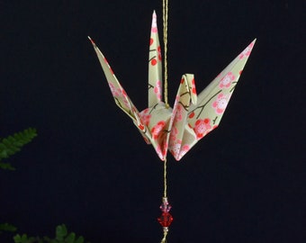Origami Crane Hanging Ornament - pale green Japanese paper, peace crane, 1st yr anniversary, varnished, gold string, Swarovski crystals
