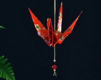 Origami Crane Hanging Ornament - red Japanese paper, peace crane, 1st yr anniversary gift, varnished, gold string Swarovski crystals