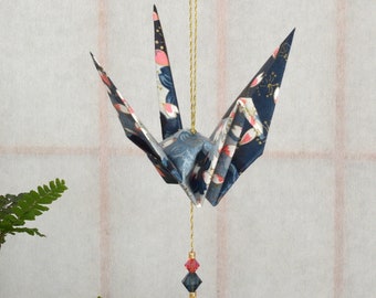 Origami Crane Hanging Ornament - blue clouds Japanese paper petals, peace crane 1st yr anniversary, varnished gold string Swarovski crystals