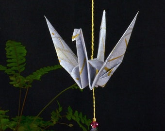 Origami Crane Hanging Ornament - pale dusky-lavender Japanese paper, 1st yr anniversary, birthday, varnished, gold string Swarovski crystals