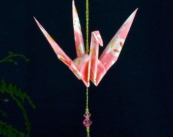 Origami Crane Hanging Ornament - pink Japanese paper with bunnies, baby gift, birthday gift, varnished gold string Swarovski crystals