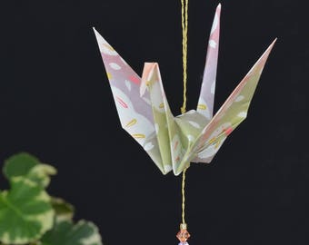 Origami Crane Hanging Ornament - pastel color paper with bunnies, baby shower, hand varnished, on gold string with Swarovski crystals