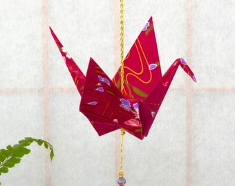 Origami Crane Hanging Ornament - wine red Japanese paper, 1st yr anniversary Mother's Day birthday varnished gold string Swarovski crystals