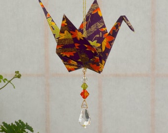 Origami Crane Suncatcher - large - colorful Japanese maple leaves, peace crane 1st yr anniversary varnished, gold string Swarovski crystals