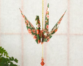 Origami Crane Hanging Ornament - green Japanese paper pink flowers peace crane 1st year anniversary varnished gold string Swarovski crystals