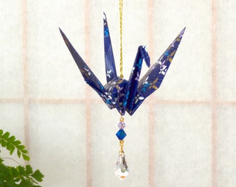 Origami Crane Suncatcher - large - royal blue Japanese paper, peace crane 1st yr anniversary, varnished, gold string Swarovski crystals
