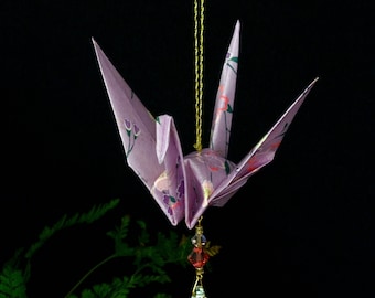 Origami Crane Suncatcher - large - lilac Japanese paper, peace crane, 1st yr anniversary, varnished, gold string Swarovski crystals