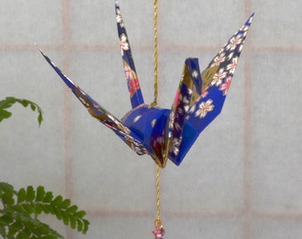 Origami Crane Hanging Ornament - blue Japanese paper, 1st yr anniversary, Mother's Day, birthday, varnished, gold string Swarovski crystals