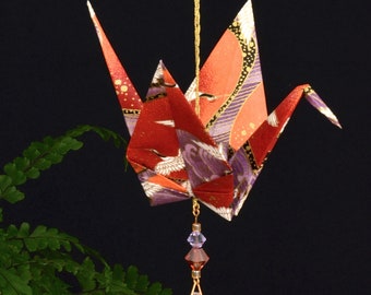 Origami Crane Suncatcher - large - burnt sienna Japanese paper, peace crane, 1st yr anniversary, varnished, gold string Swarovski crystals