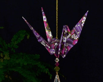 Origami Crane Suncatcher - large - purple Japanese paper flowers, peace crane, 1st yr anniversary, varnished, gold string Swarovski crystals