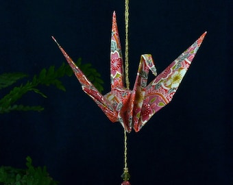 Origami Crane Hanging Ornament - Japanese paper, 1st yr anniversary, Mother's Day, birthday, varnished gold string Swarovski crystals